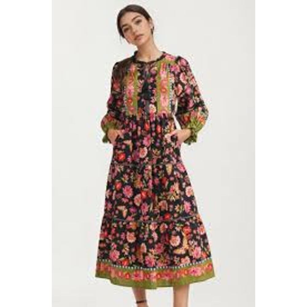 &merci Small Smocked Long Sleeve Floral Midi Tiered Dress